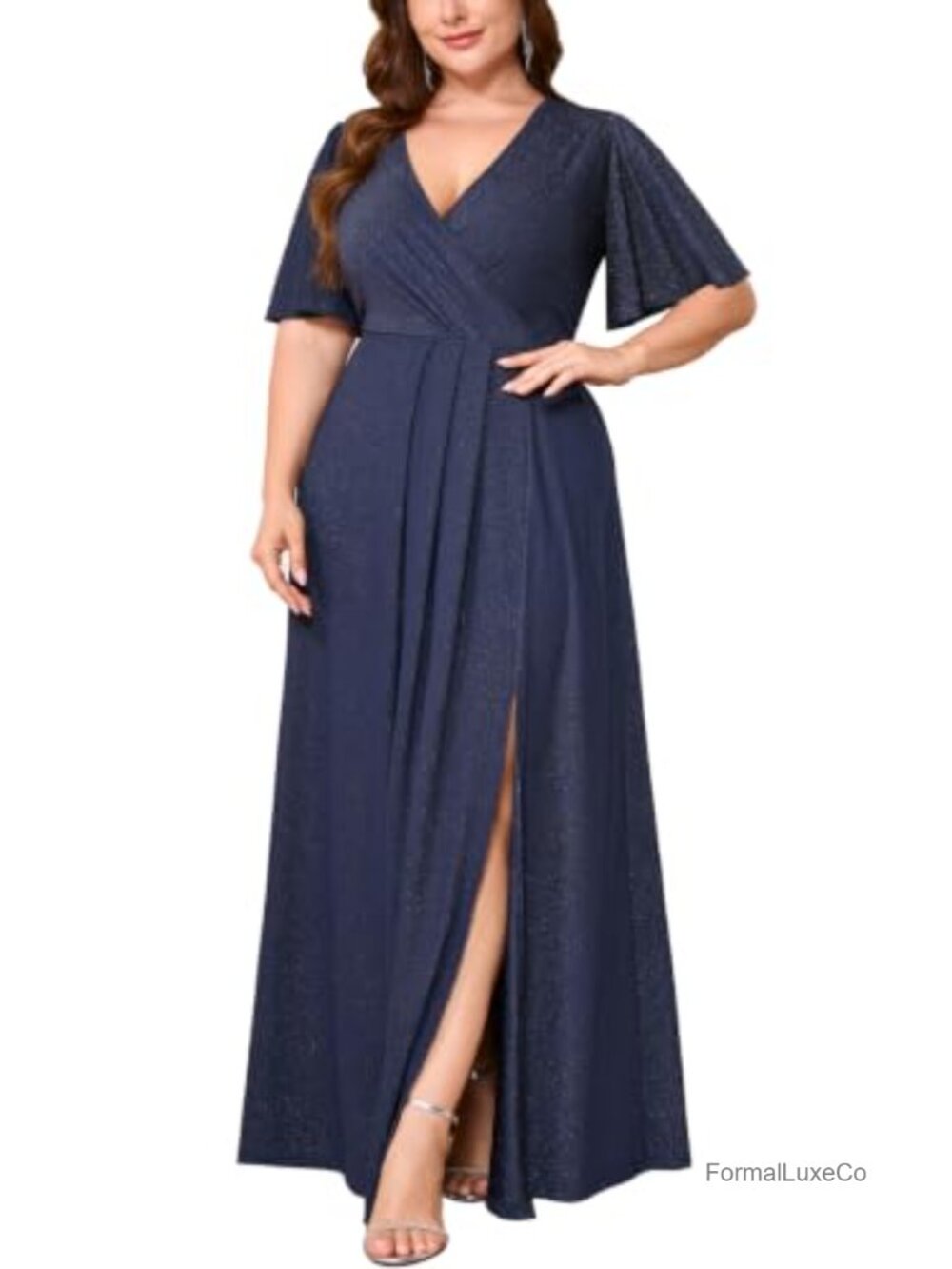 Plus Size Sparkly Formal Maxi Dress Wrap V Neck Short Ruffles Sleeve A Line Slit